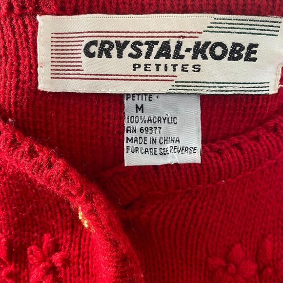 Chunky Vintage Bright Red Flower Floral Embroidered Knit Button Up Cardigan M - Picture 8 of 8